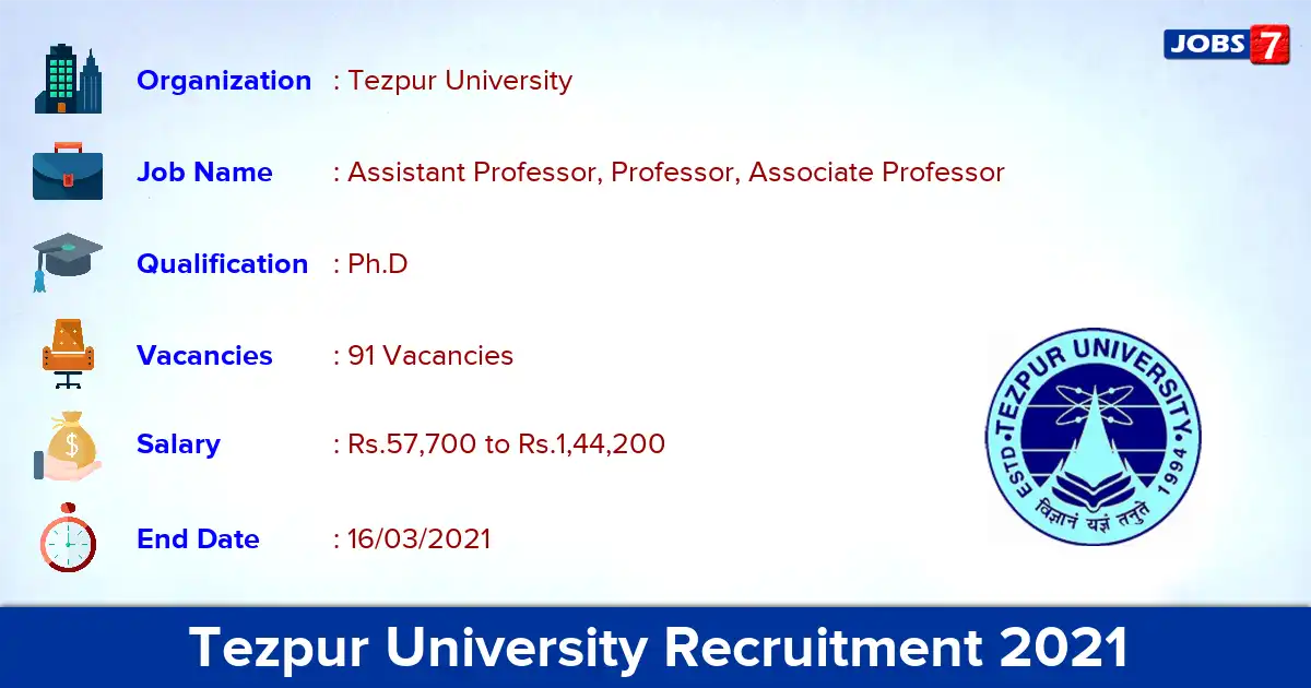 Tezpur University Recruitment 2021 - Apply for 91 Assistant Professor vacancies Tezpur University Recruitment 2021 - Apply for 91 Assistant Professor vacancies