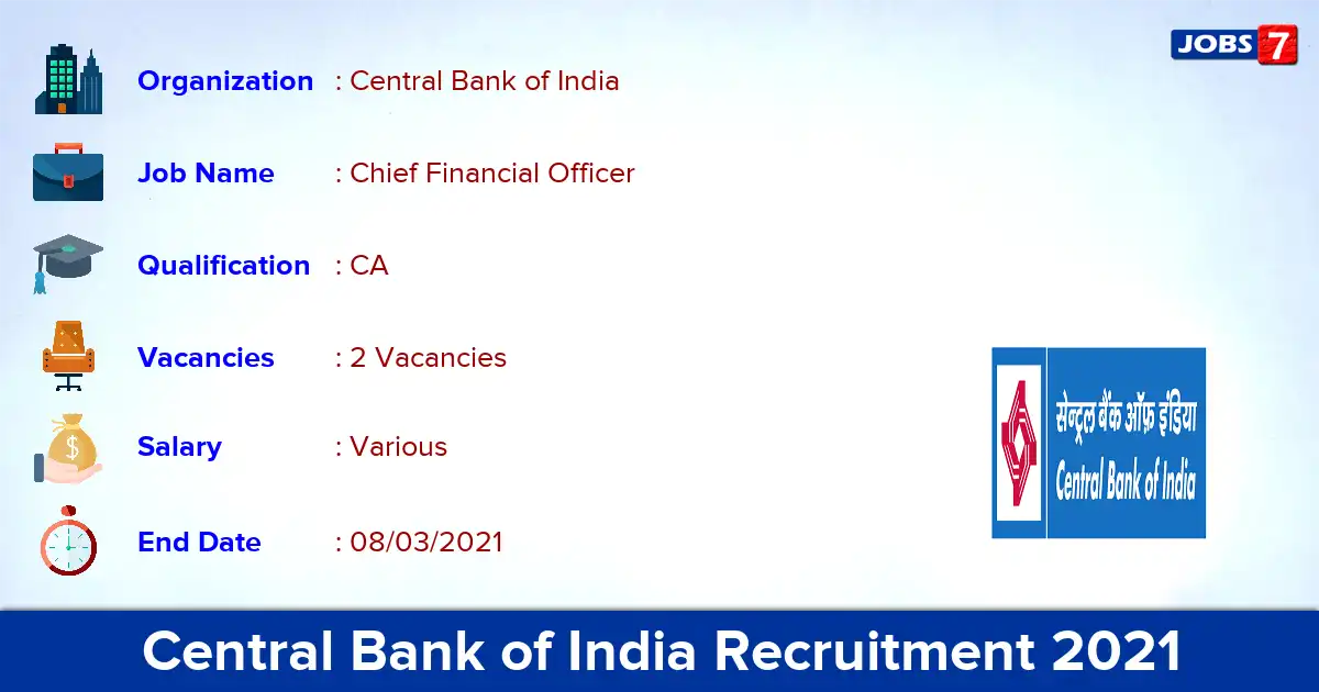 Central Bank of India Recruitment 2021 - Apply for Chief Financial Officer Jobs Central Bank of India Recruitment 2021 - Apply for Chief Financial Officer Jobs
