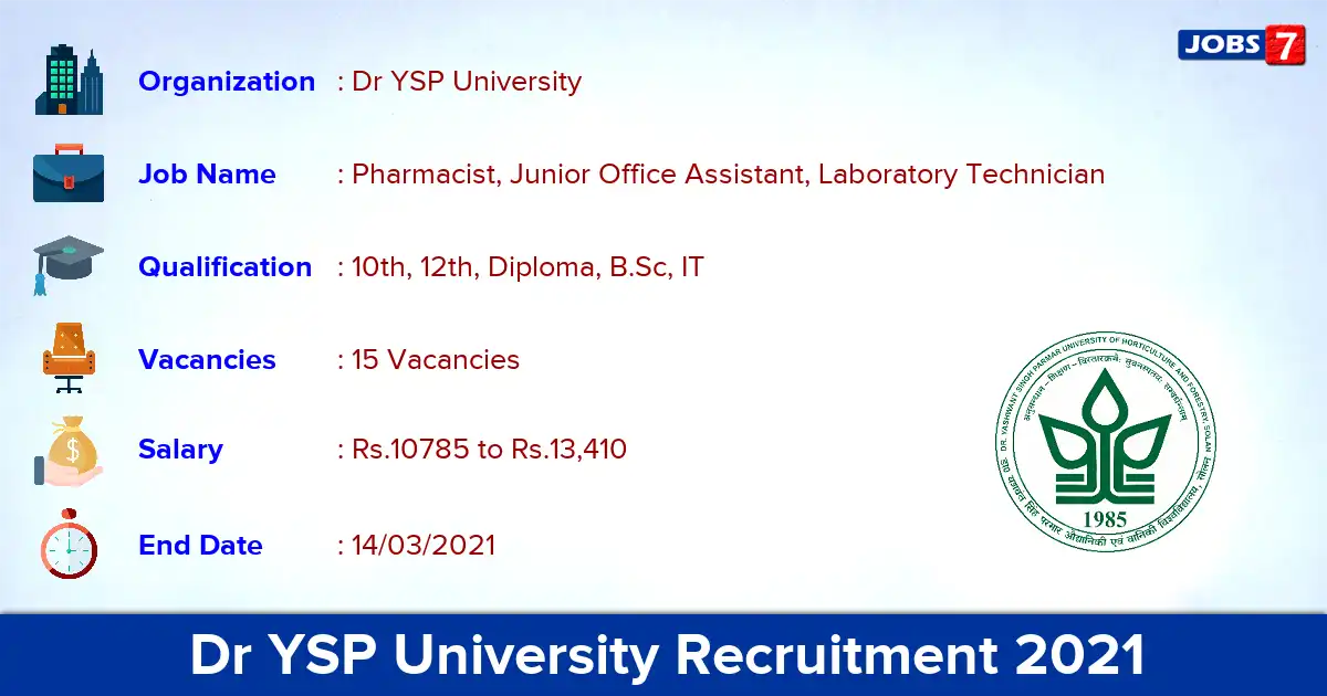 Dr YSP University Recruitment 2021 - Apply for 15 Pharmacist vacancies