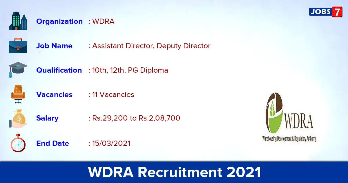 WDRA Recruitment 2021 - Apply for 11 Assistant Director vacancies