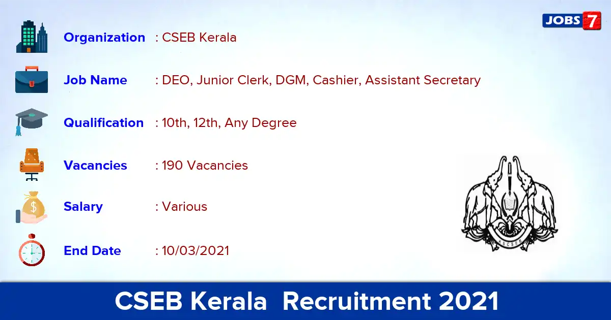 CSEB Kerala  Recruitment 2021 - Apply for 190 Junior Clerk vacancies