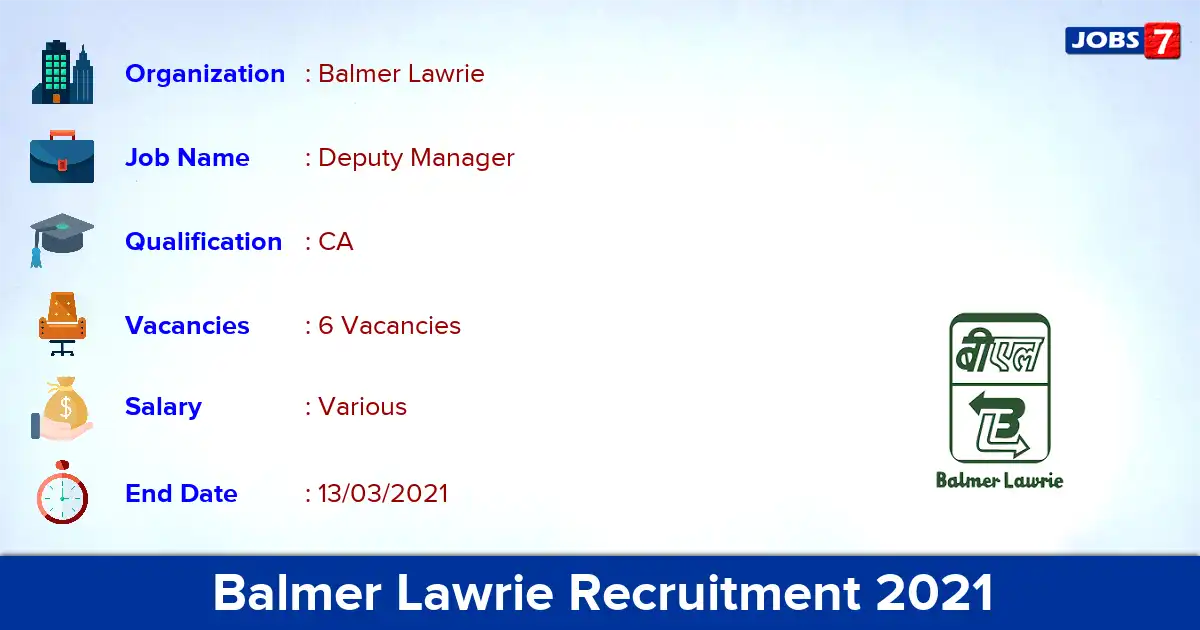 Balmer Lawrie Recruitment 2021 - Apply for Deputy Manager Jobs