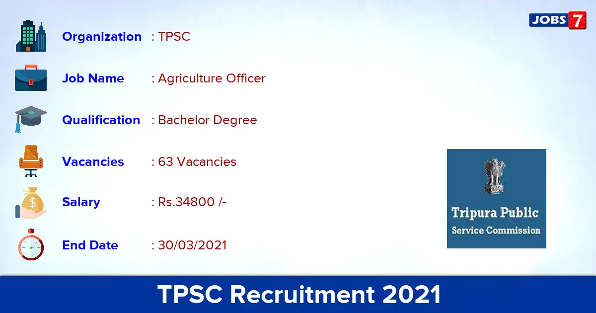 TPSC Recruitment 2021 - Apply for 63 Agriculture Officer vacancies