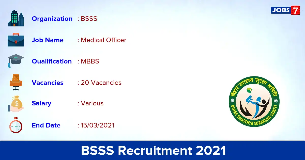 BSSS Recruitment 2021 - Apply for 20 Medical Officer vacancies