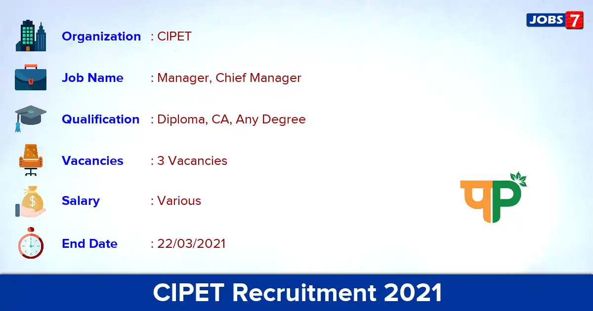 CIPET Recruitment 2021 - Apply for Manager Jobs