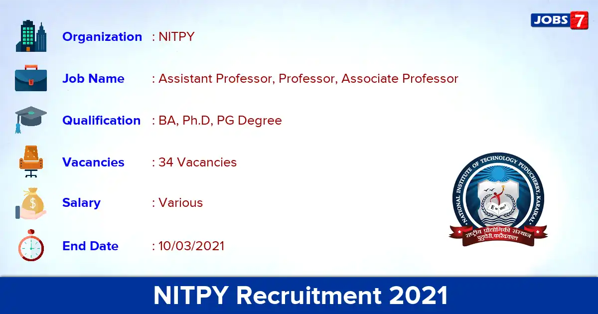 NITPY Recruitment 2021 - Apply for 34 Professor vacancies