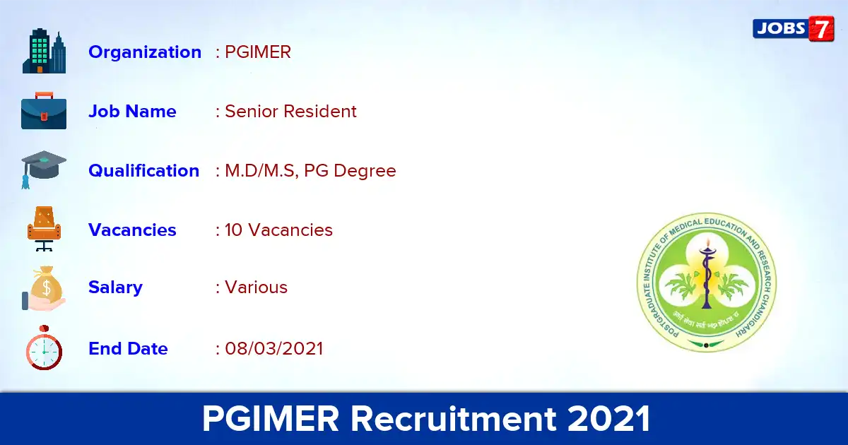 PGIMER Recruitment 2021 - Apply for 10 Senior Resident vacancies