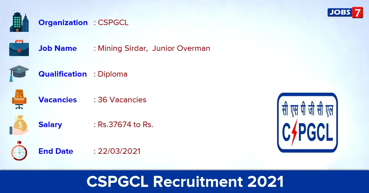 CSPGCL Recruitment 2021 - Apply for 36 Mining Sirdar, Overman vacancies