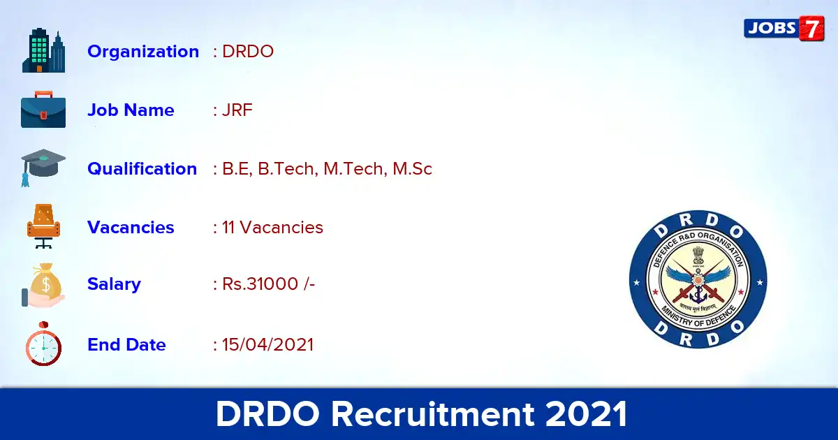 DRDO ARDE Recruitment 2021 - Apply for 11 JRF vacancies