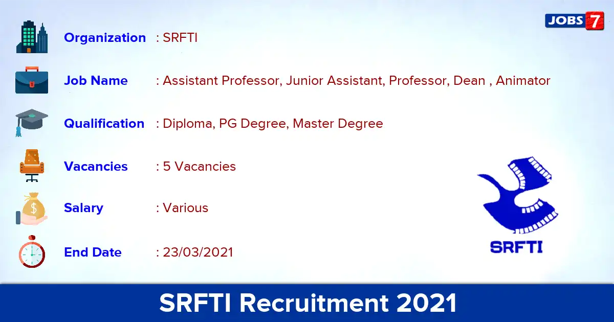 SRFTI Recruitment 2021 - Apply for Assistant Professor Jobs