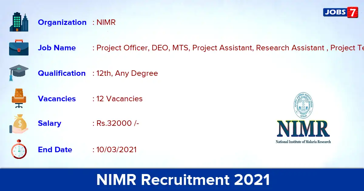 NIMR Recruitment 2021 - Apply for 12 Project Officer, DEO vacancies