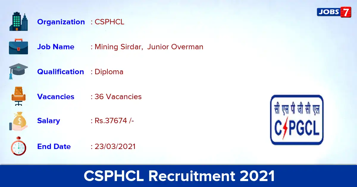 CSPHCL Recruitment 2021 - Apply for Mining Sirdar vacancies