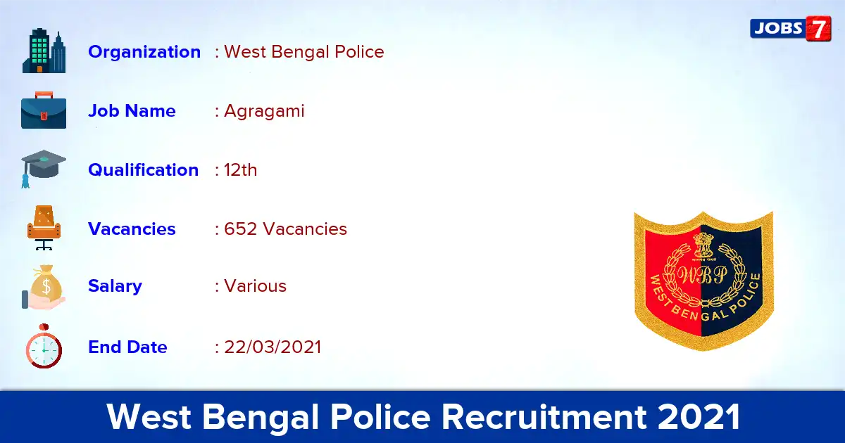 West Bengal Police Recruitment 2021 - Apply for 652 Agragami vacancies