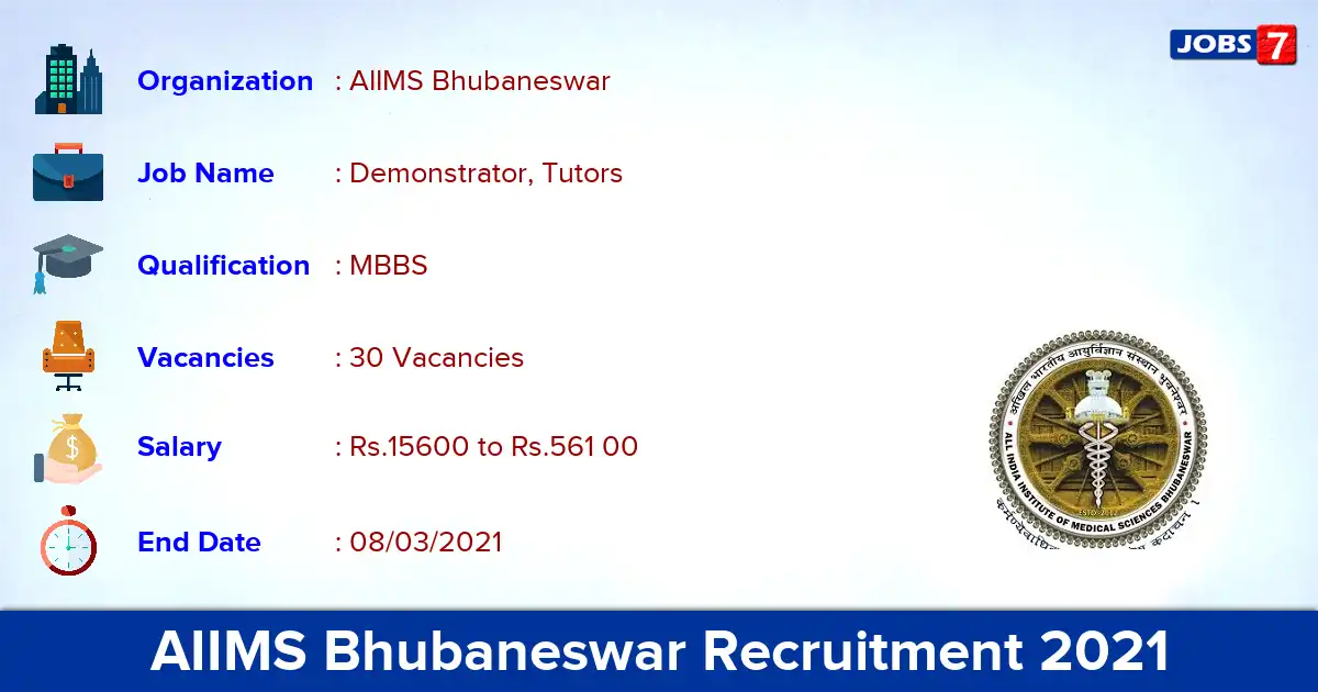 AIIMS Bhubaneswar Recruitment 2021 - Apply for 30 Demonstrator vacancies