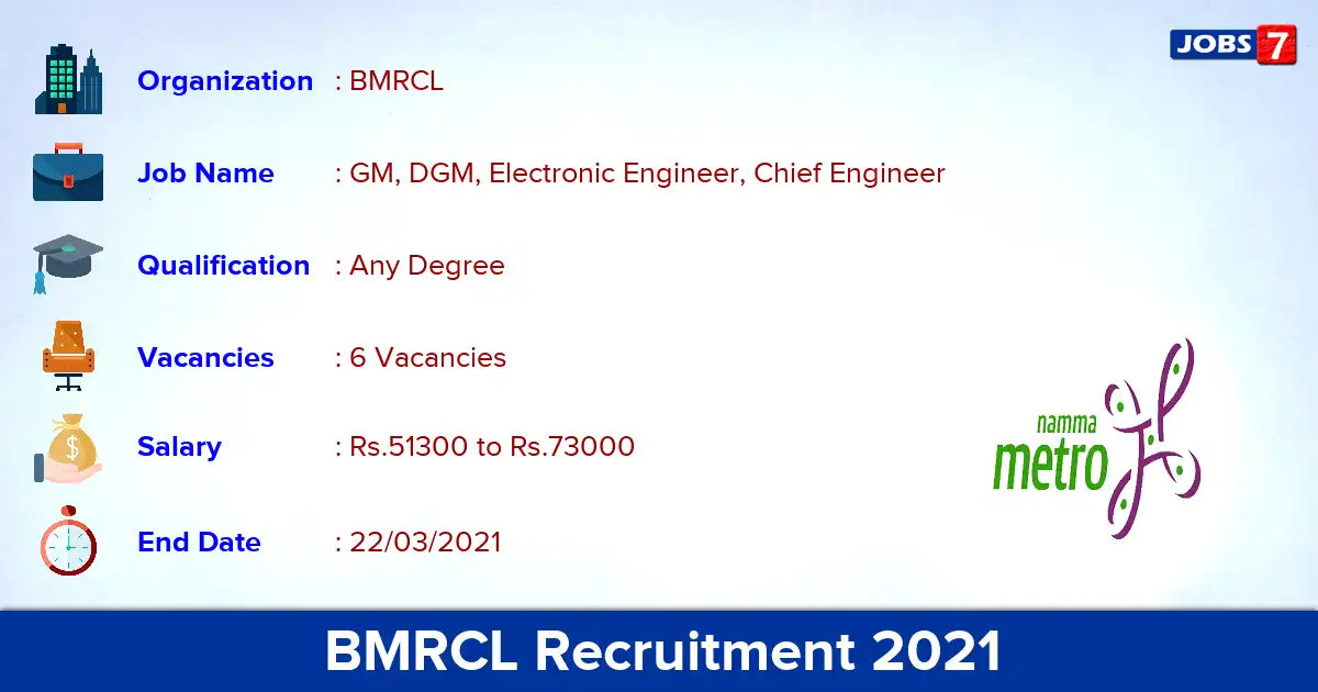 BMRCL Recruitment 2021 - Apply for Chief Electrical Engineering Jobs