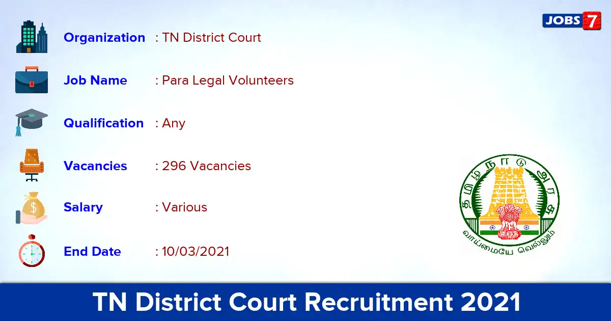 TN District Court Recruitment 2021 - Apply for 296 Para Legal Volunteers vacancies