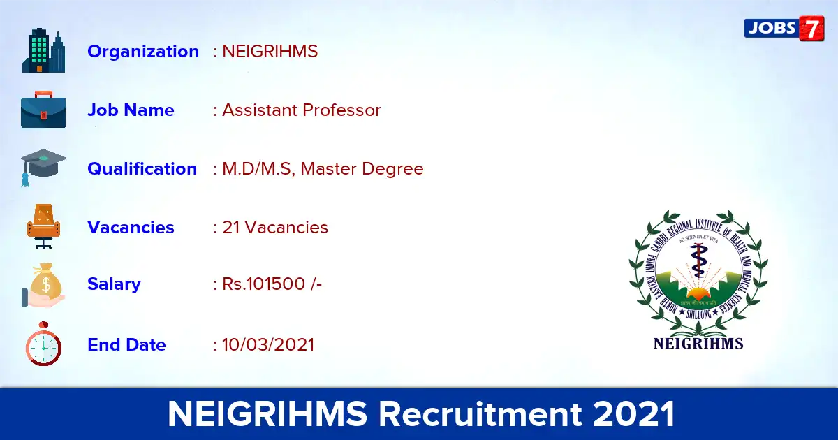 NEIGRIHMS Recruitment 2021 - Apply for 21 Assistant Professor vacancies