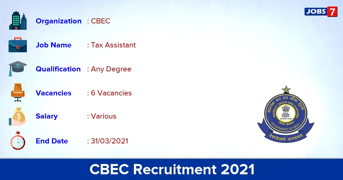 CBEC Recruitment 2021 - Apply for Tax Assistant Jobs