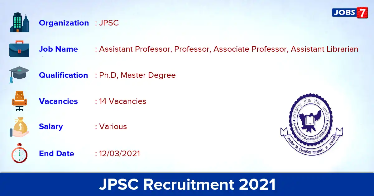 JPSC Recruitment 2021 - Apply for 14 Assistant Professor vacancies
