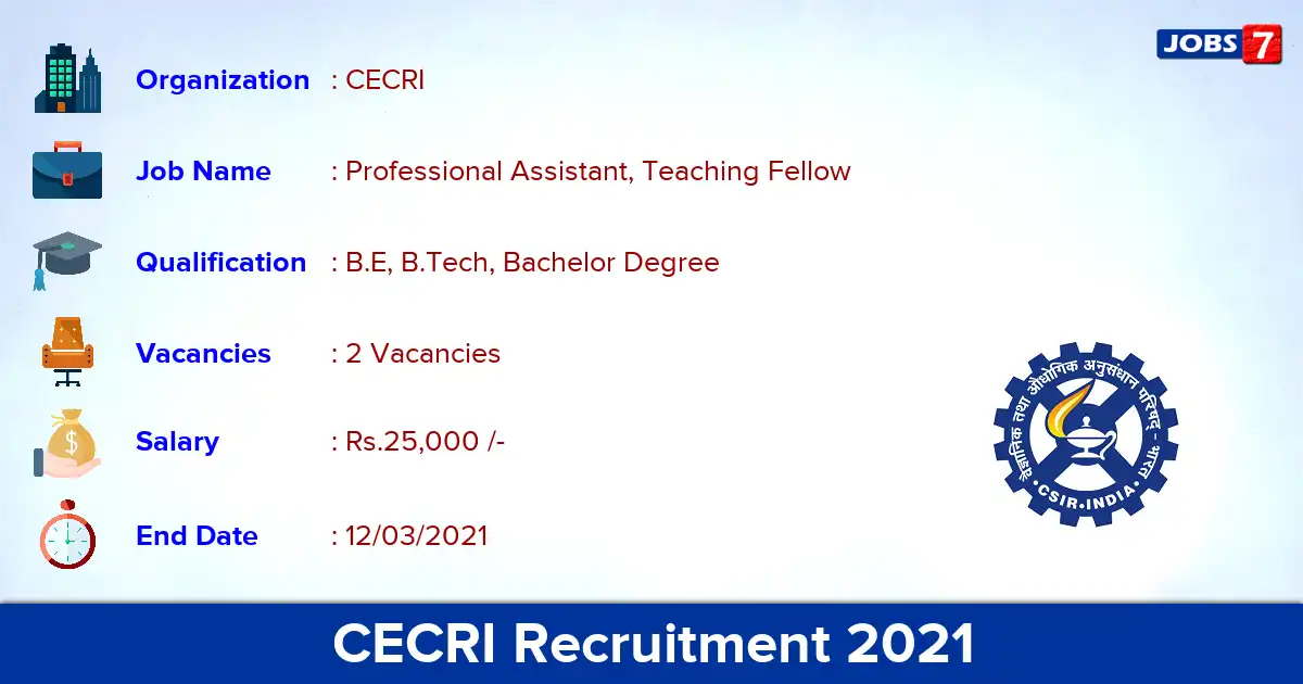 CECRI Karaikudi Recruitment 2021 - Apply for Professional Assistant Jobs