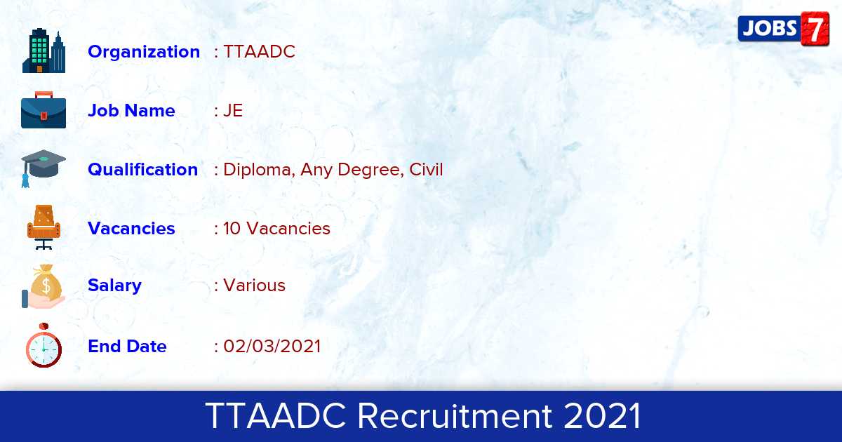 TTAADC Recruitment 2021 - Apply for 10 JE vacancies