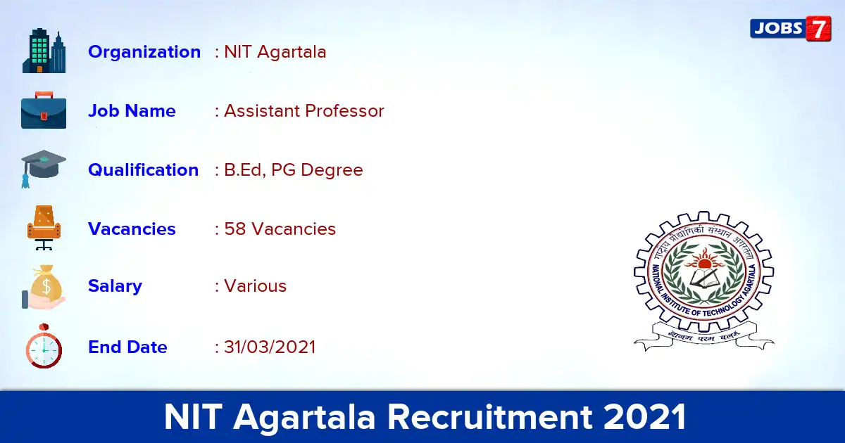 NIT Agartala Recruitment 2021 - Apply for 58 Assistant Professor vacancies