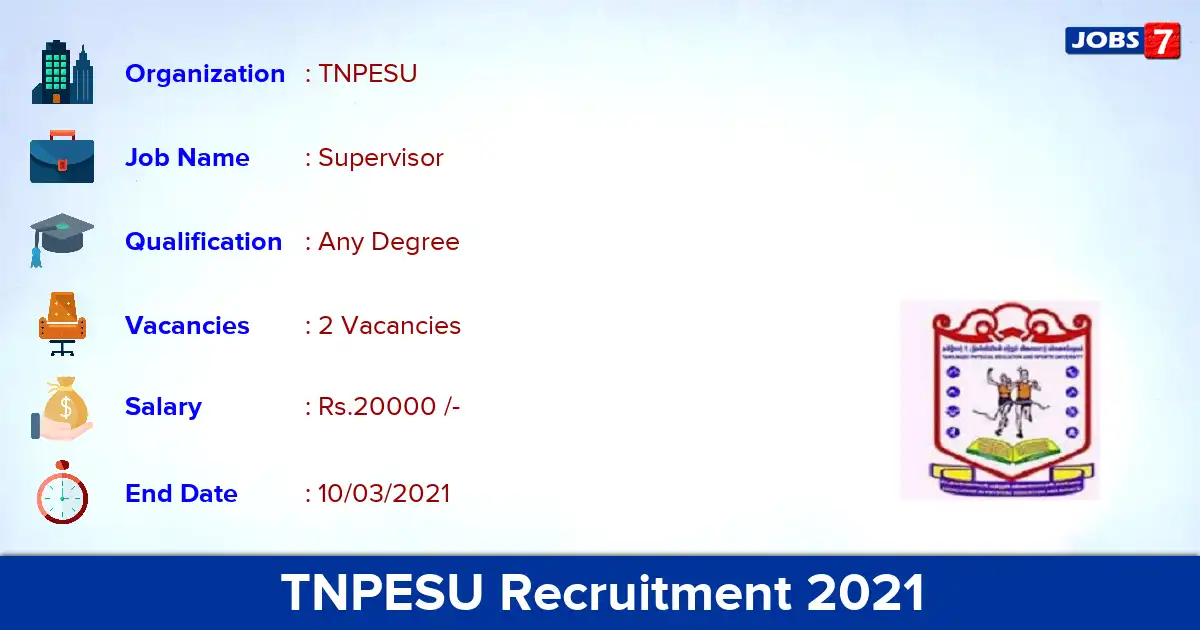 TNPESU Recruitment 2021 - Apply for Hostel Residential Supervisor Jobs