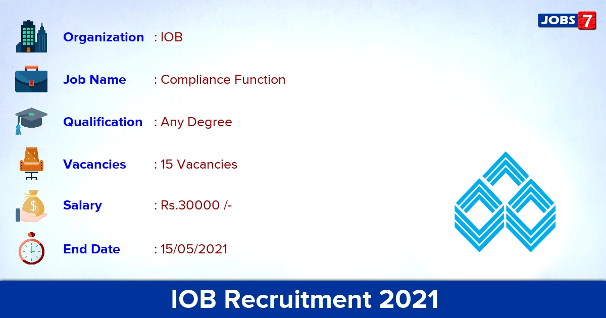 IOB Recruitment 2021 - Apply for 15 Compliance Function Vacancies (Last Date Extended)