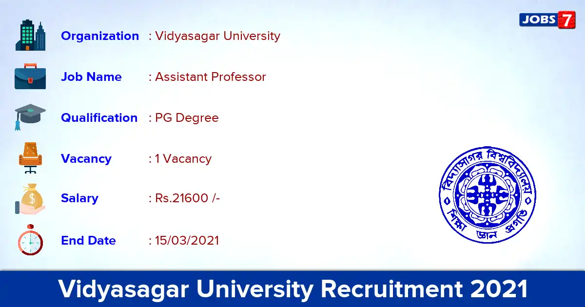 Vidyasagar University Recruitment 2021 - Apply fo Assistant Professor Jobs