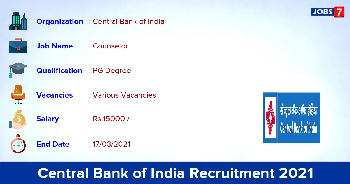 Central Bank of India Recruitment 2021 - Apply for Counselor vacancies