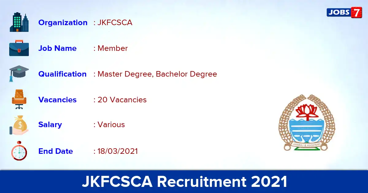 JKFCSCA Recruitment 2021 - Apply for 20 Member vacancies