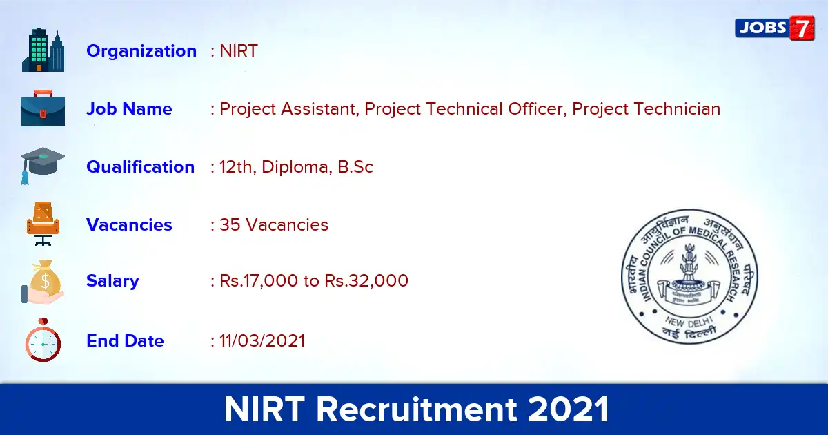 NIRT Recruitment 2021 - Apply for 35 Project Assistant vacancies