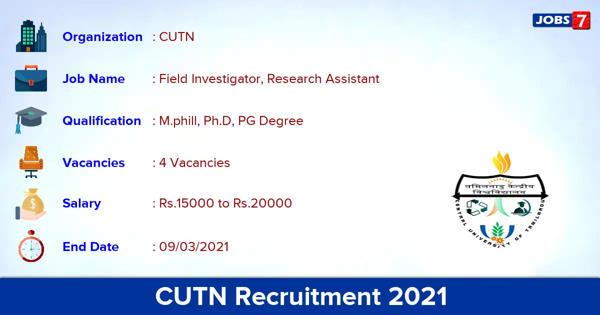 CUTN Recruitment 2021 - Apply for Field Investigator Jobs