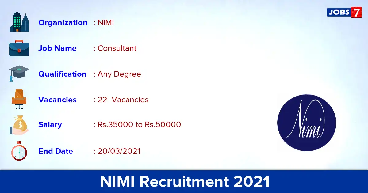 NIMI Recruitment 2021 - Apply for 22 Consultant vacancies