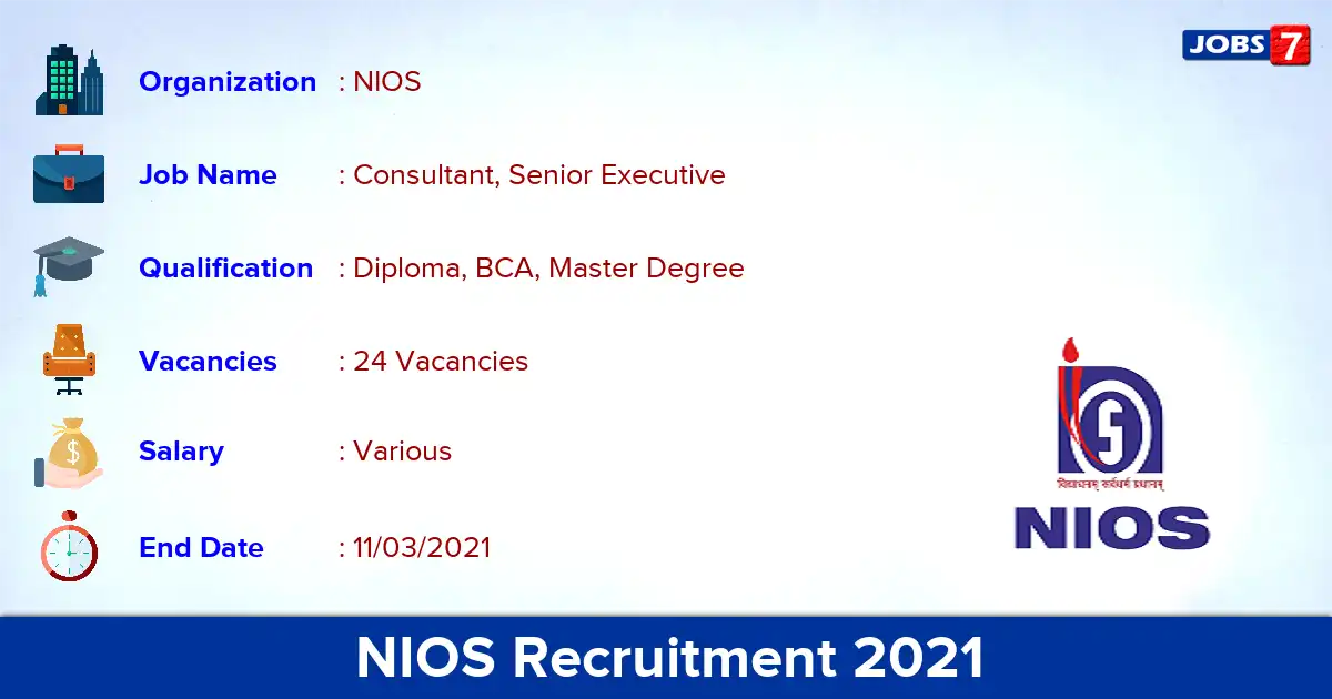 NIOS Recruitment 2021 - Apply for 24 Consultant vacancies