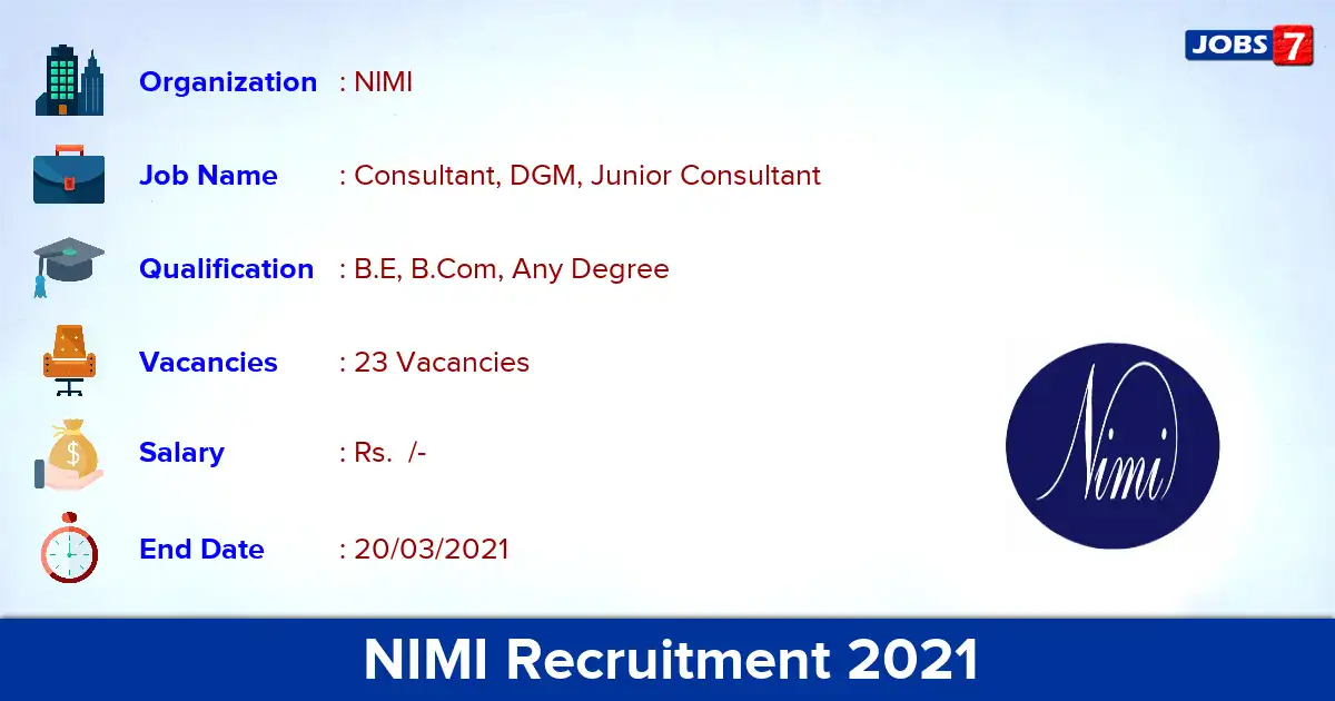 NIMI Recruitment 2021 - Apply for 23 Consultant vacancies