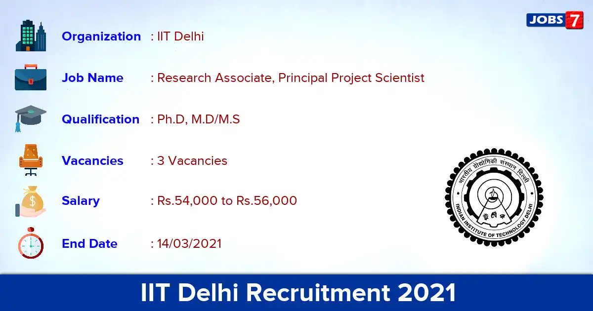 IIT Delhi Recruitment 2021 - Apply for Principal Project Scientist Jobs