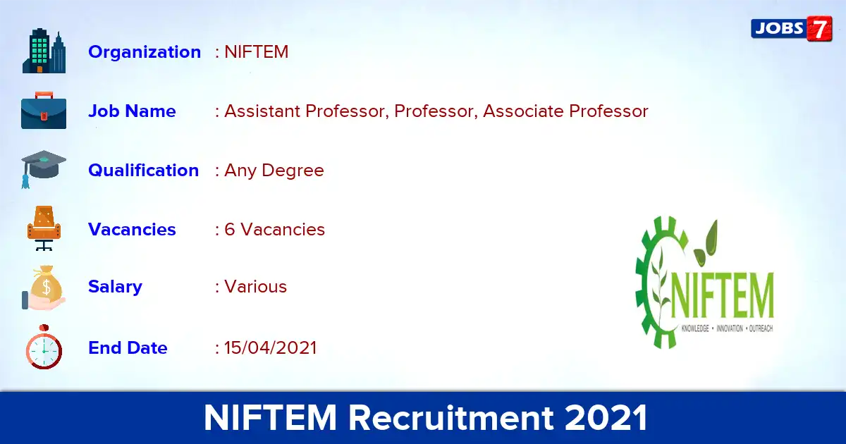 NIFTEM Recruitment 2021 - Apply for Professor Jobs