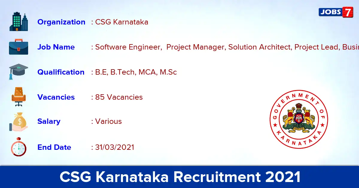 CSG Karnataka Recruitment 2021 - Apply for 85 Software Engineer vacancies