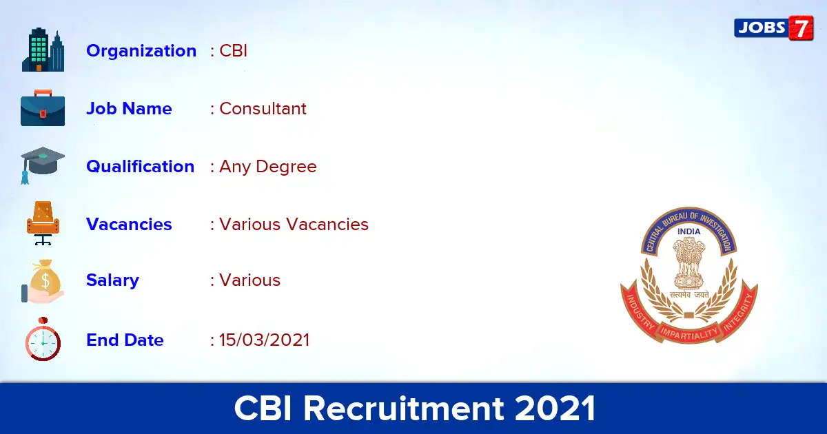 CBI Recruitment 2021 - Apply for Consultant vacancies