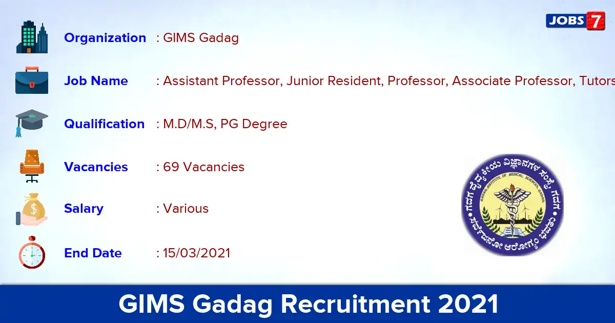 GIMS Gadag Recruitment 2021 - Apply for 69 Professor, Tutors vacancies