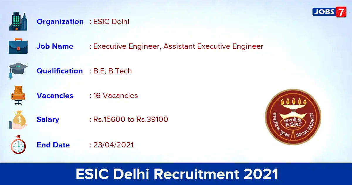ESIC Delhi Recruitment 2021 - Apply for 16 Executive Engineer vacancies