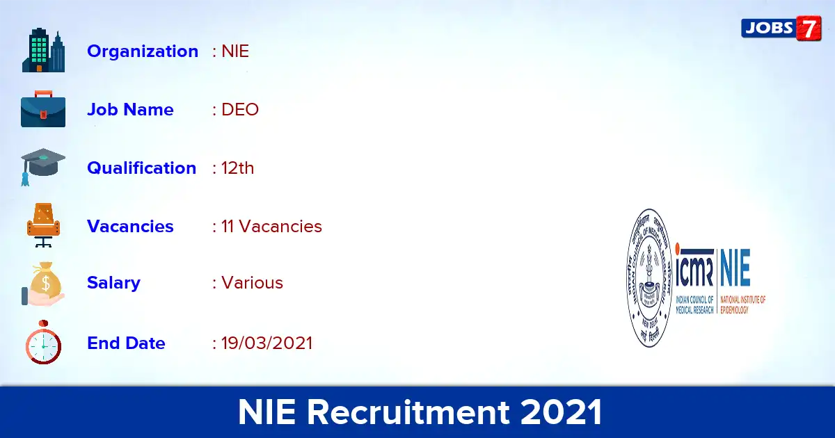 NIE Recruitment 2021 - Apply for 11 DEO vacancies