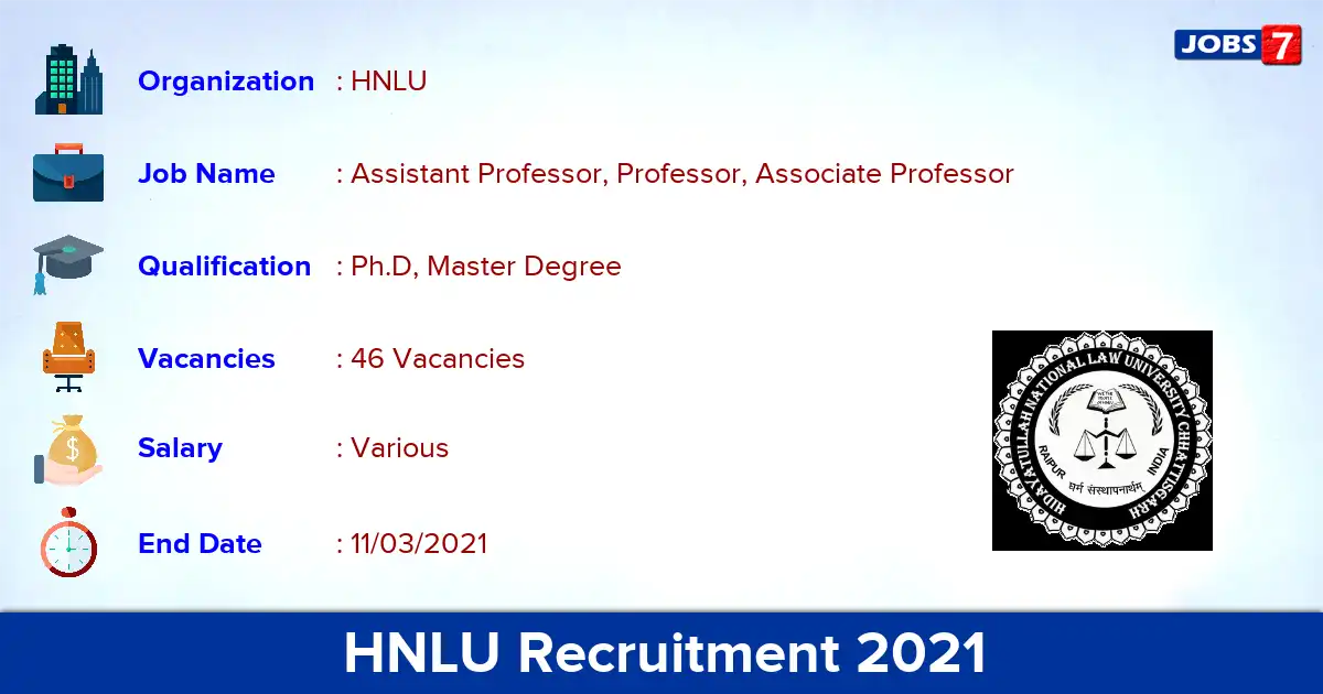 HNLU Recruitment 2021 - Apply for 46 Professor vacancies