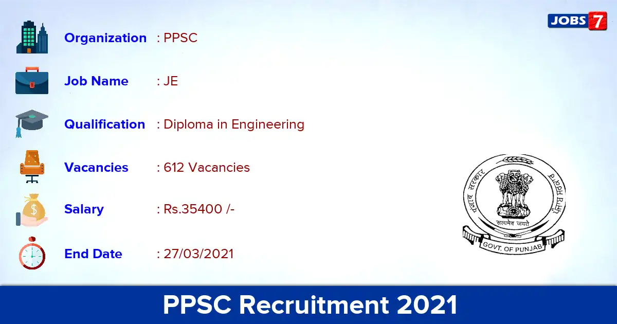 PPSC Recruitment 2021 - Apply for 612 JE vacancies