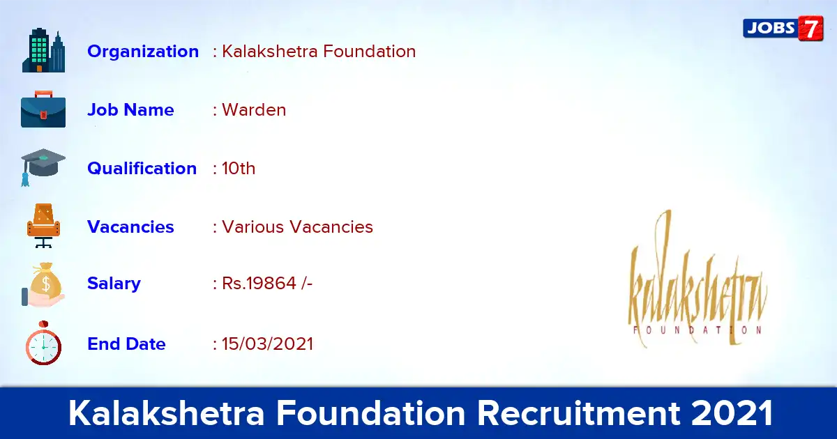 Kalakshetra Foundation Recruitment 2021 - Apply for Hostel Warden vacancies