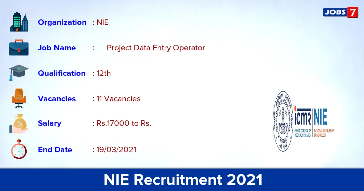 NIE Chennai Recruitment 2021 - Apply for 11 Project Data Entry Operator vacancies