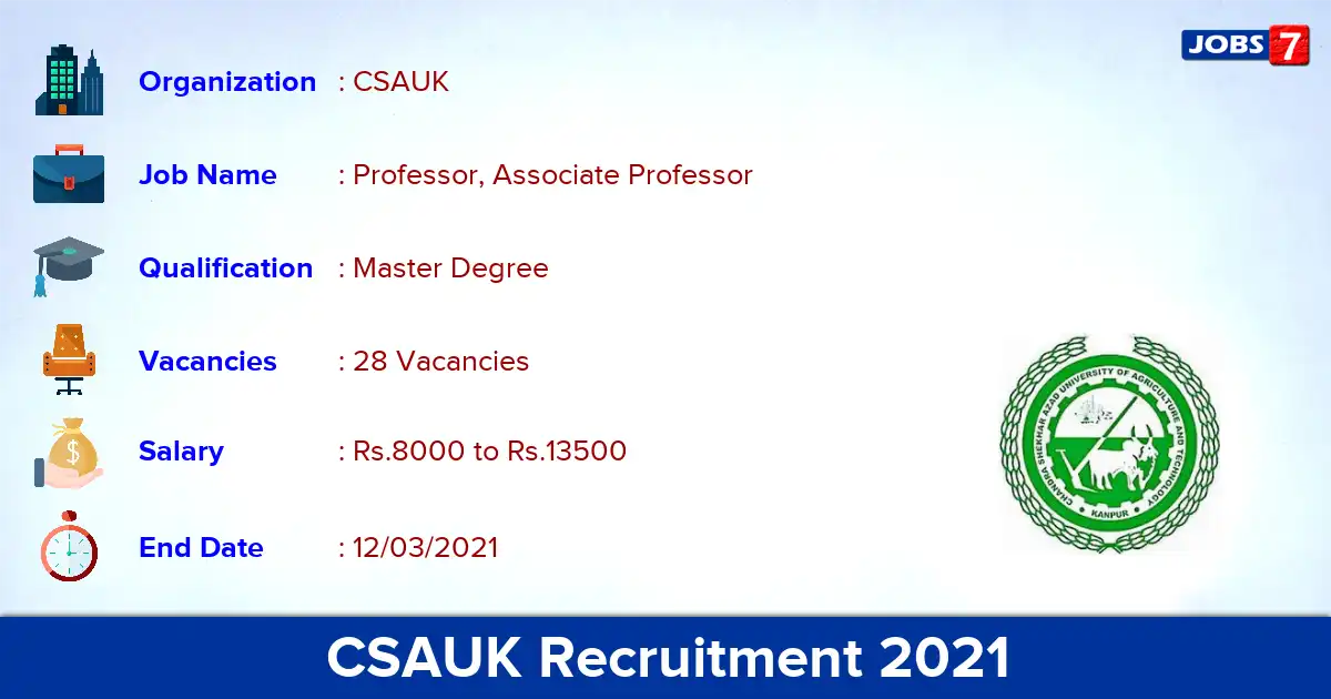 CSAUK Recruitment 2021 - Apply for 28 Professor, Associate Professor vacancies