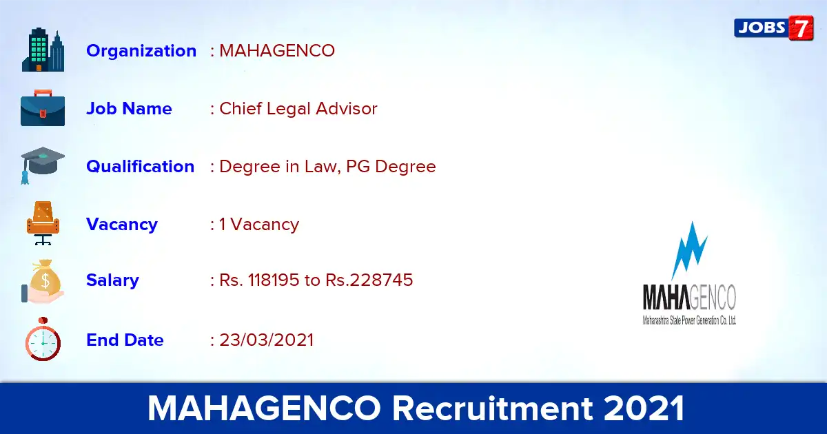 MAHAGENCO Recruitment 2021 - Apply for Chief Legal Advisor Job