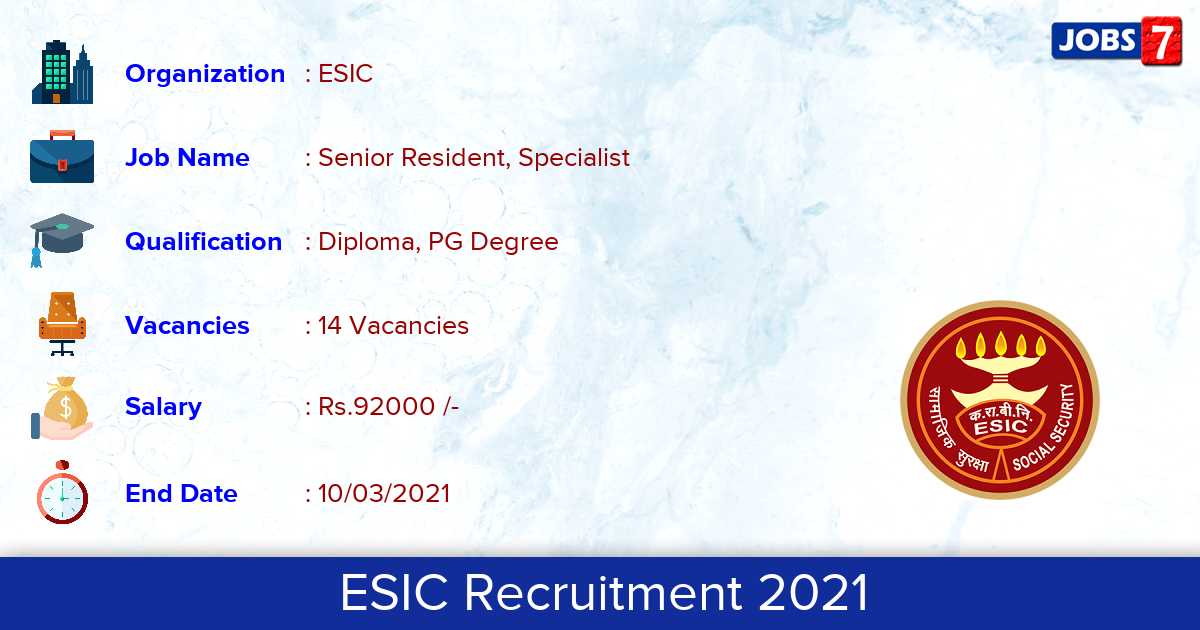 ESIC UP  Recruitment 2021 - Apply for 14 Senior Resident, Specialist vacancies
